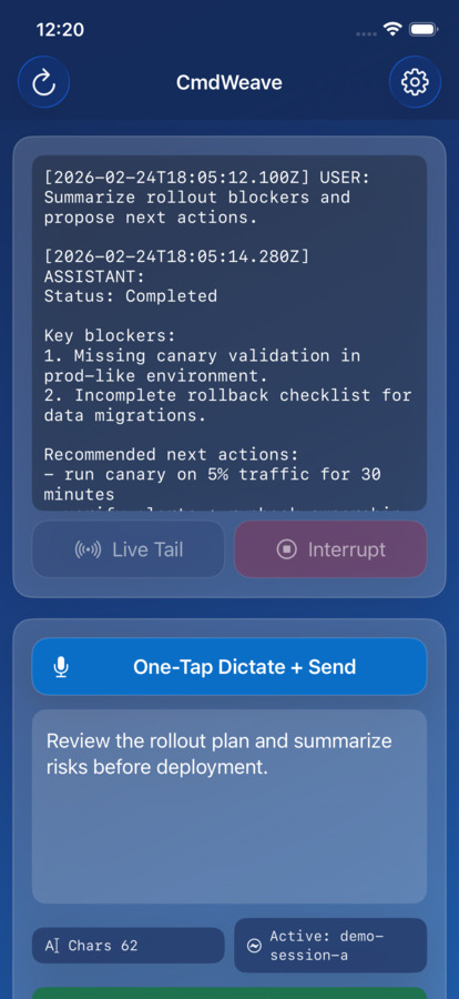 CmdWeave iOS simulator snapshot showing output and prompt controls in demo mode