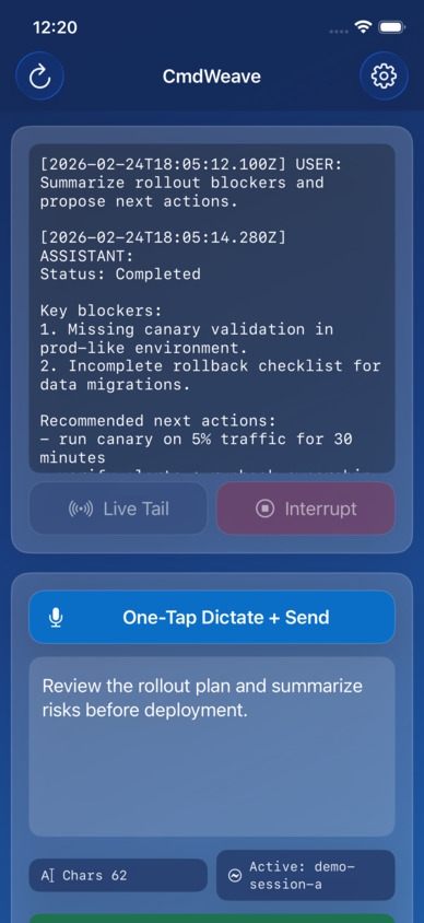 CmdWeave output panel with timeline and controls